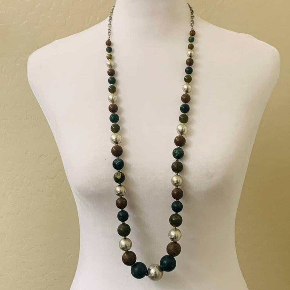 Long Beaded Necklace Green Brown Silver Adjustable Chain Single Strand